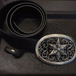 Chrome hearts unisex oval star leather logo belt